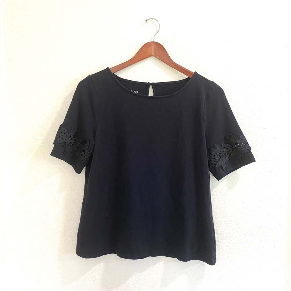 Talbots Lace Appliqué Top Short Sleeve Black Blouse Floral Tee